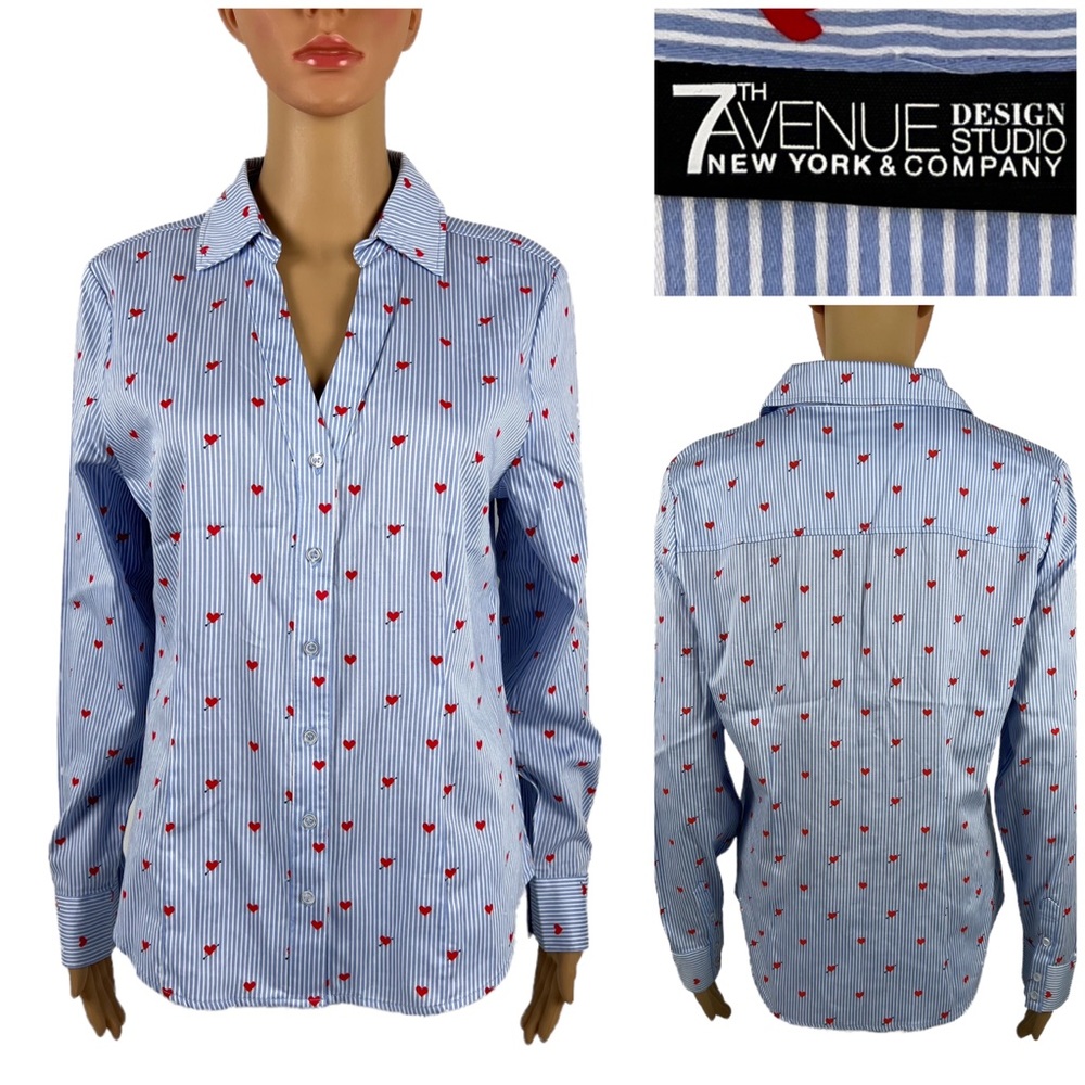 New York and Company Womens Medium Top Blue Striped Button Front Hearts NWT